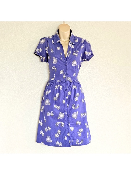 Porridge Dresses & Skirts - Porridge Cottagecore Twee Retro Blue Bicycle Print Cotton Day Dress Pockets Sz 6